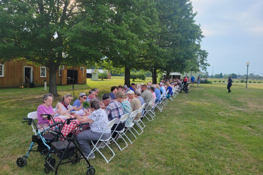 Long table in field with people eating a meal.